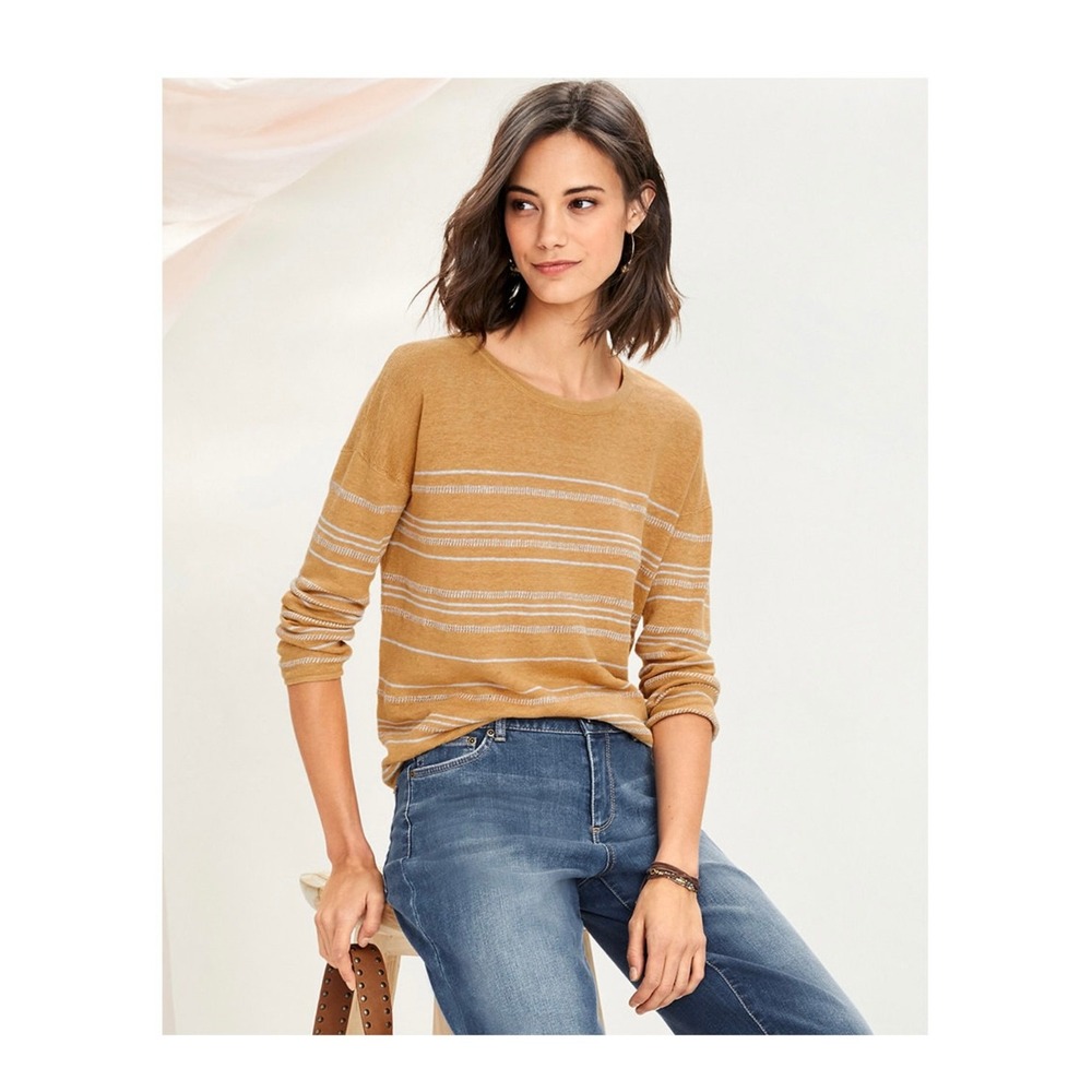 Garnet Hill Boxy Linen Boatneck Striped Sweater Earthy Cottagecore Boho Indie XL